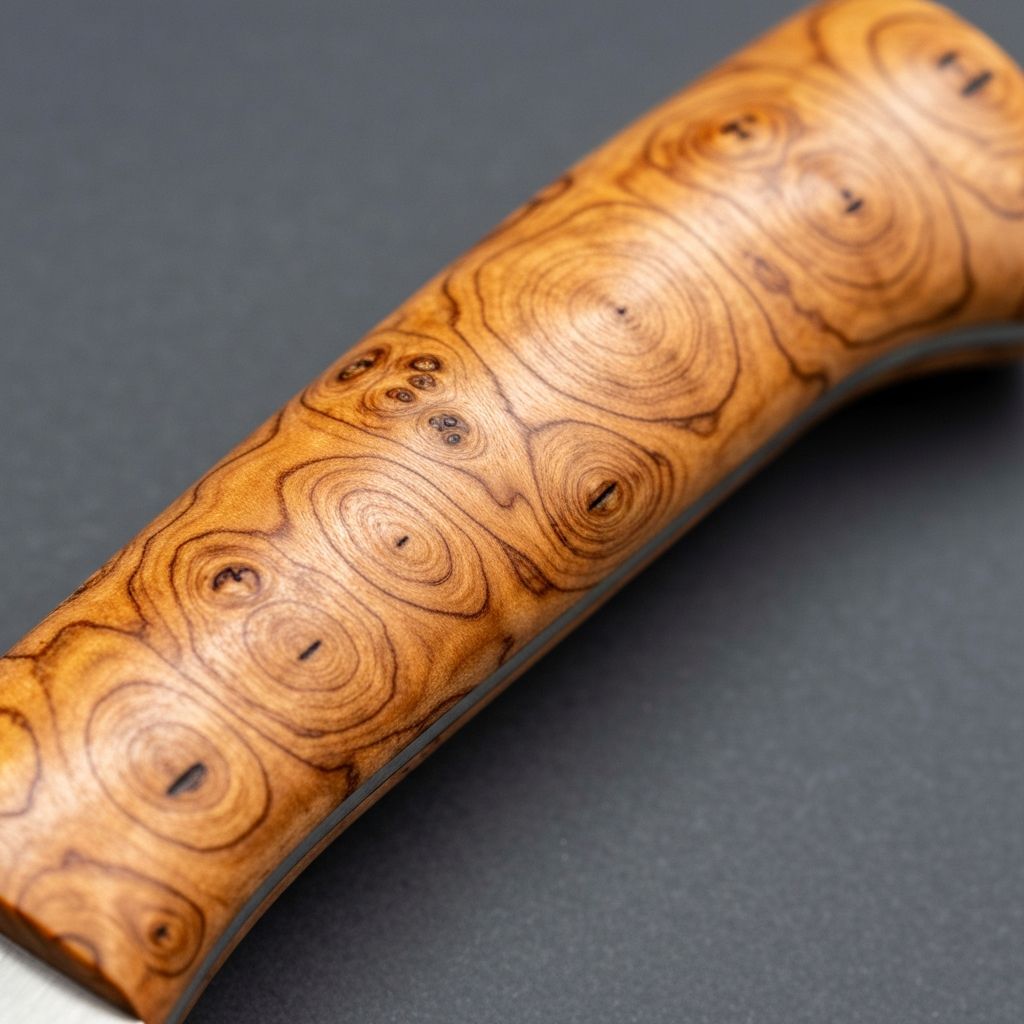 Close-up of Curly Birch knife handle showing unique grain pattern and craftsmanship