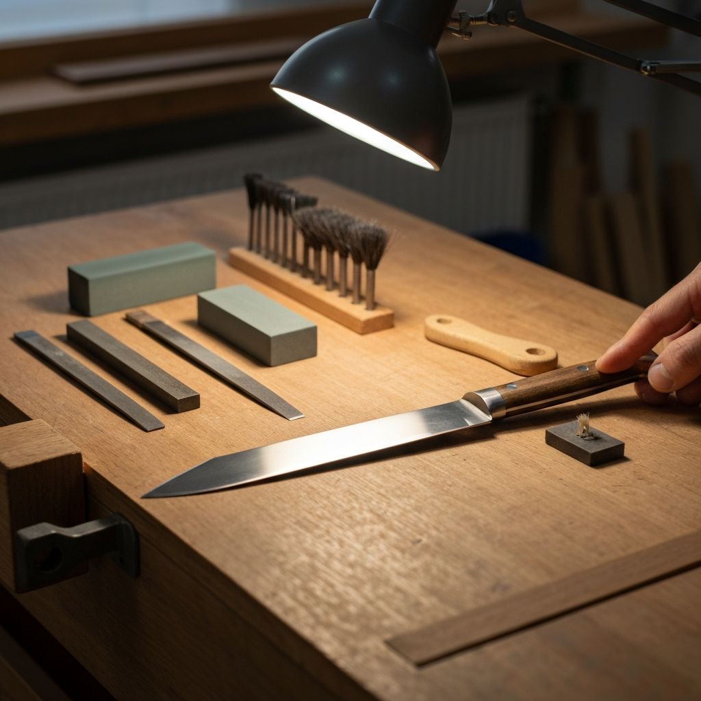 Bushcraft knife sharpening setup with whetstones and Scandi grind knife